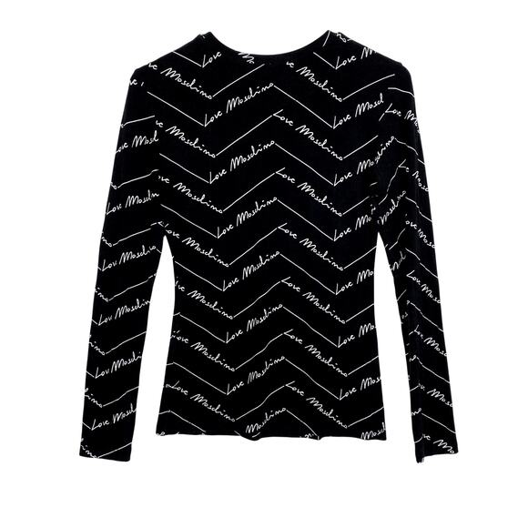 LOVE MOSCHINO All Over Logo Print Long Sleeve T-Shirt Black White Womens Sz 6 - Picture 5 of 8